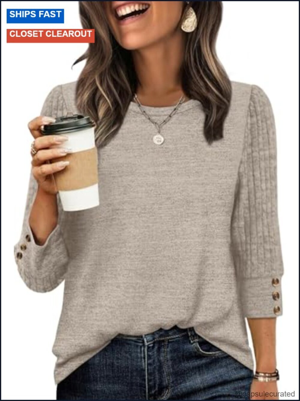 3/4 Sleeve Crew Neck Blouse Lightweight Soft Knit Top Casual Sweater